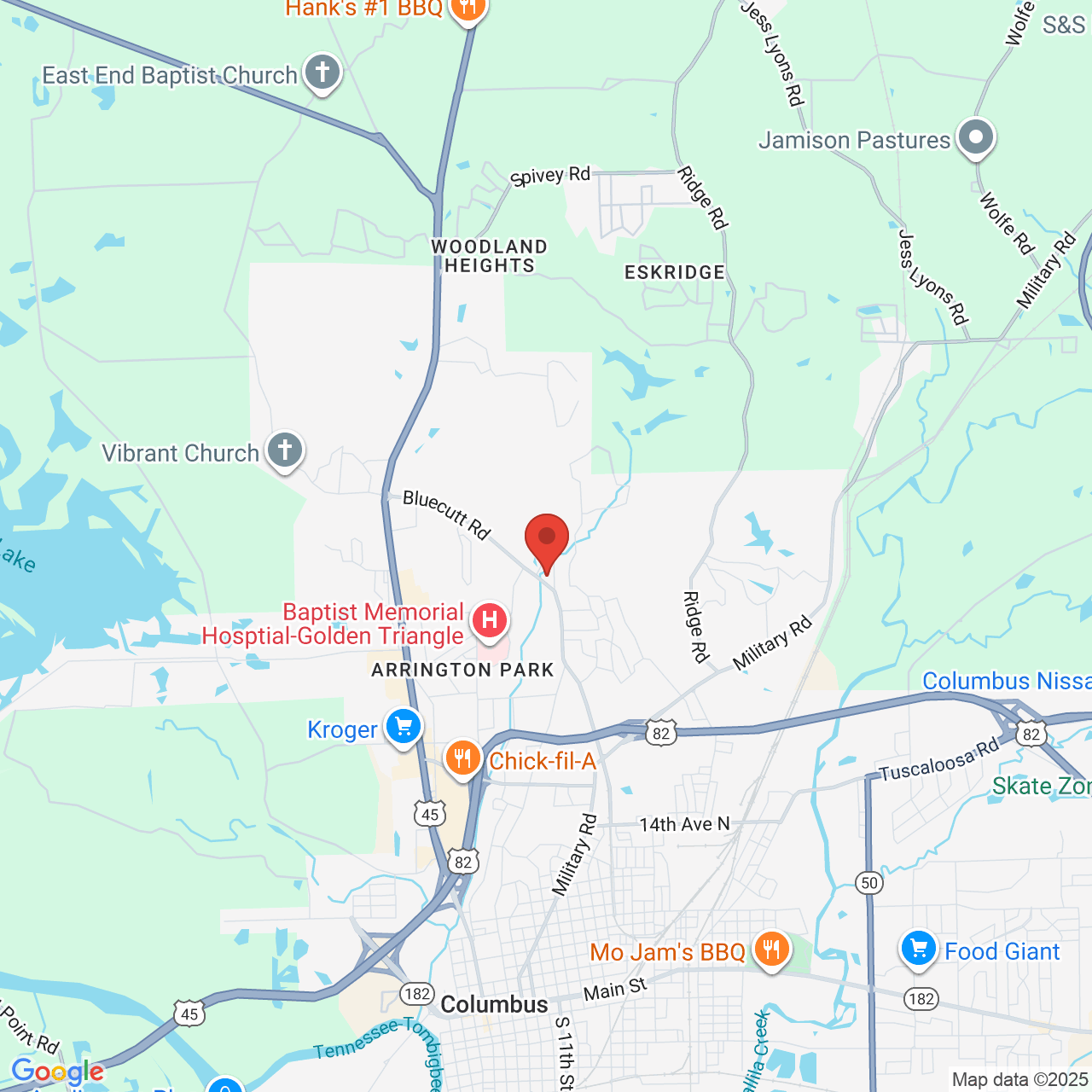 Google map image of our location in 2900 Bluecutt Rd Columbus, MS