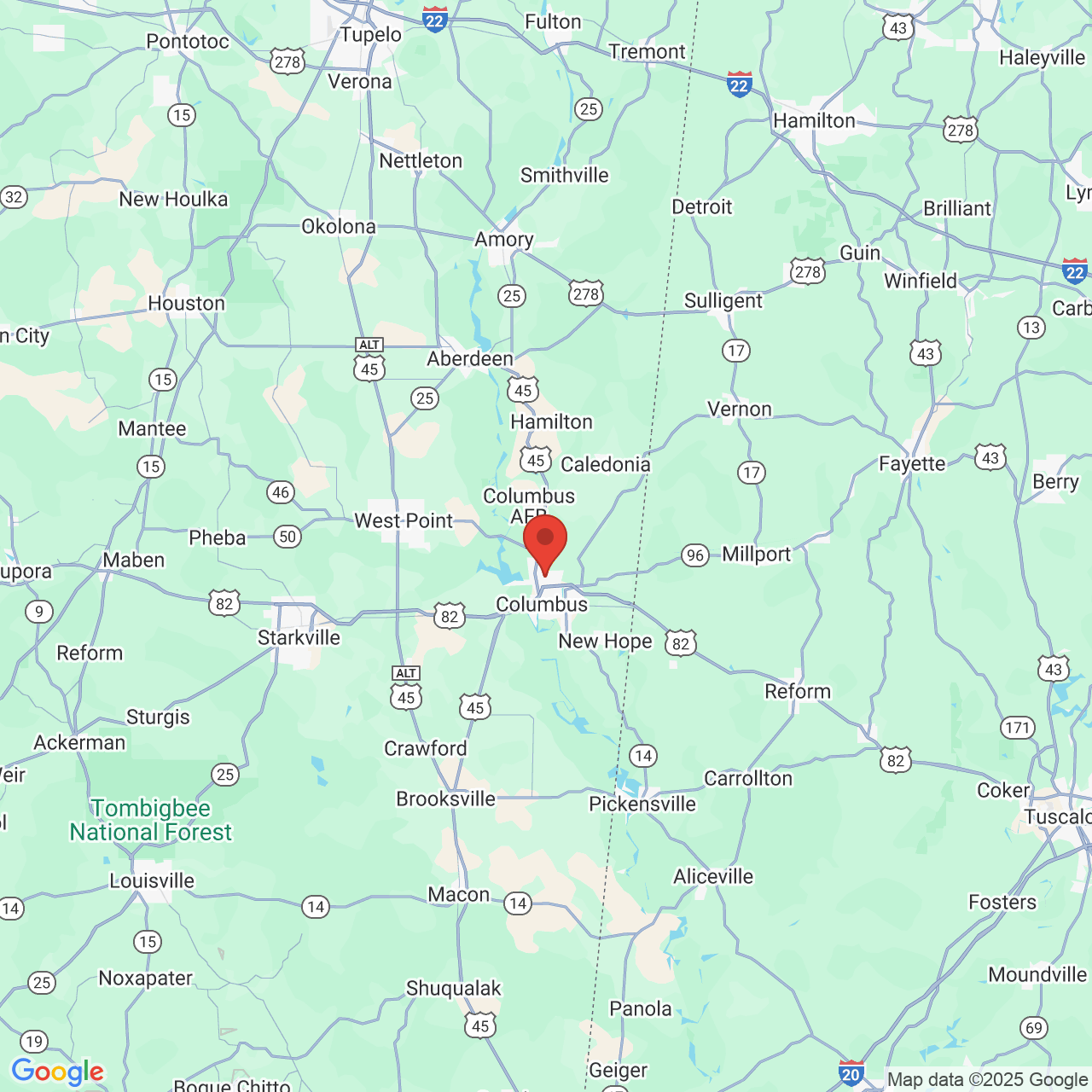 Google map image of our location in 2900 Bluecutt Rd Columbus, MS